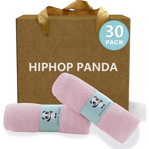 HIPHOP PANDA Baby Washcloths, Rayon Made from Bamboo - 2 Layer Ultra Soft Absorbent Newborn Bath Face Towel - Reusable Baby Wipes for Delicate Skin - Pink, 30 Pack