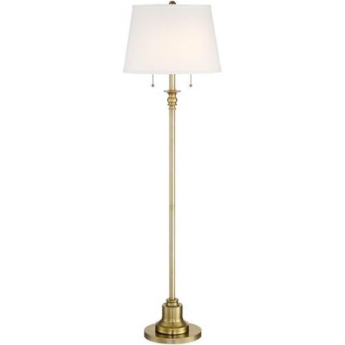 360 Lighting Spenser Vintage Floor Lamp 58" Tall Brushed Antique Brass Metal Off White Linen Drum Shade For Living Room Bedroom Office House Home