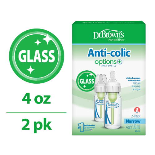 Dr. Brown's Anti-Colic Options+ Narrow Glass Baby Bottle, 4 oz, Slow Flow Nipple, BPA Free, 0m+, 2-Pack