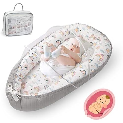 Baby Lounger for Newborn, Detachable Mosquito - Newborn Lounger Cover for 0-24 Months, Breathable & Portable Infant Lounger - Soft Baby Floor Seat Cover for Travel, Newborn Essentials - Grey