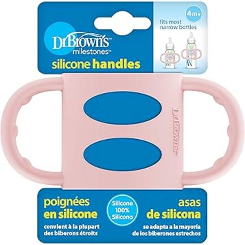 Dr. Brown's Narrow Baby Bottle Handles, 100% Silicone, Easy Grip Removable Handles for Bottle to Sippy Cup Transition, Pink, 4m+