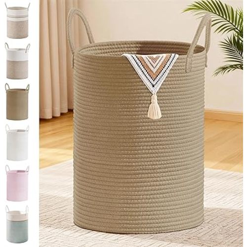 Tall Laundry Basket with Handles, 100L Portable Dirty Clothes Hamper, Boho Cotton Rope Storage Bin for Blankets Kids Toys Gifts, Extra Large Organizer for Baby Nursery Bedroom Bathroom, Jute