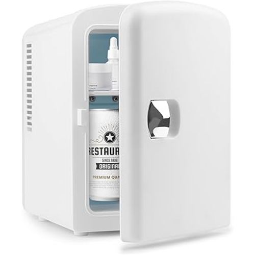 Personal Chiller Portable Mini Fridge Cooler and Warmer, 4 Liter Capacity Chills 6 Cans, Snacks, and Skincare Products, A/C Operation, 100% Freon-Free (White)