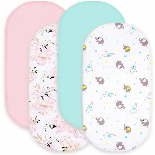 bimocosy Bassinet Sheet, 4 Pack Bassinet Sheets for Baby Girls Boys, Soft Baby Bassinet Fitted Sheets Neutral for Standard Bassinet Mattress, Size 32 x 16 x 4 Inches, Floral/Elephant/Pink/Green