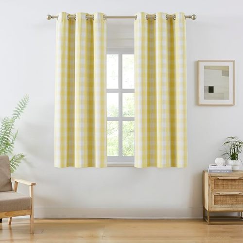Amzdecor Short Buffalo Check Plaid Full Blackout Curtains 63 Inches Long for Bedroom Noise Reducing Total Room Darkening Grommet Drapes,Cottage Farmhouse Window Treatment,2 Panels,40"x63",Yellow&White