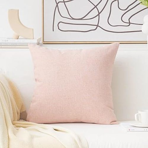 Home Brilliant Decorative Pillow Covers Lined Linen Square Throw Pillows Cover for Sofa Bench Couch, Baby Pink, 18x18(45x45cm)