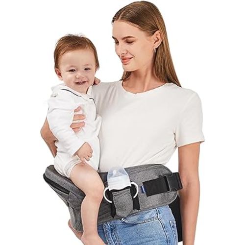 Baby Hip Carrier, Toddler Hip Carrier for Baby Child with Adjustable Long Waistbands, Ergonomic No-Slipped Seat Perfect for Newborns to Toddlers, Various Pockets, All-Seasons Grey