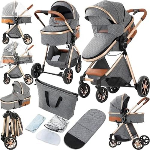2 in 1 Baby Stroller, Convertible Pram, Reversible Standard Stroller, Portable Baby Buggy, Infant Carriage, Foldable High Landscape Pushchair for Toddler Newborn (225 Grey)