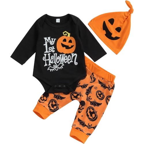 Bowanadacles Newborn Infant Baby Boy 3Pcs My 1st Halloween Outfit Pumpkin Long Sleeve Romper Pants Hat Clothes Set