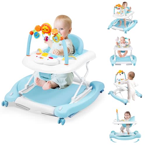 Boyro Baby Baby Walker, 5-in-1 Baby Walkers for Boys and Girls 6-12 Months with Bouncer, Removable Footrest, Feeding Tray & Music, Foldable & Adjustable Activity Walker for 6-18 Months Toddler Infant