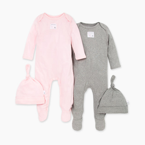 Burt's Bees Baby Organic Footed Coverall & Knot Top Hat (2 Pack) - Blossom/Heather Grey, Newborn