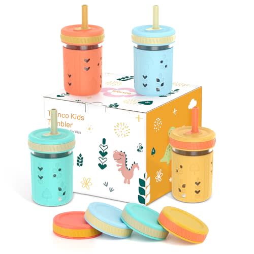 Tronco 8 oz Glass Sippy Cup for Toddlers, Kids Mason Jar Smoothie Cup with Silicone Sleeves & Spill Resistant Flexible Straw, Snack Cup, BPA-Free, Dishwasher Safe