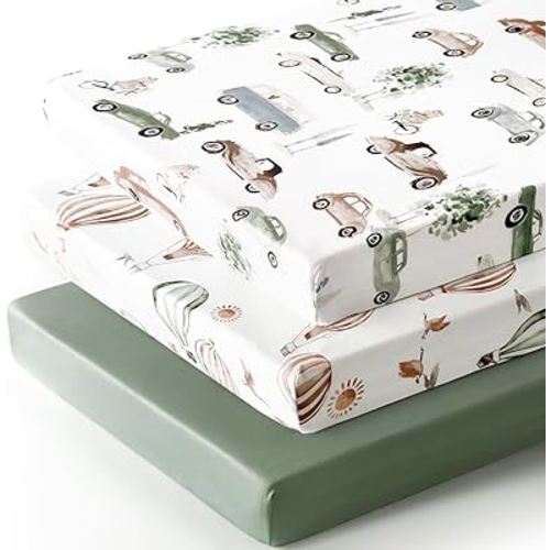 GRSSDER Pack n Play Sheets Fitted 3 Pack, Stretchy Ultra Soft Jersey Knit Pack and Play Sheets, Universal Fitted Portable/Mini Crib Mattresses Snug and Safe, Neutral Pattern of Cars Print
