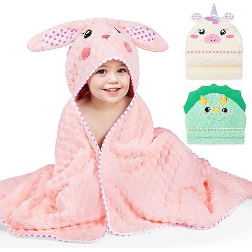 FIOBEE Toddler Bath Towel with Hood Baby Towels, 55x28 inch Large Soft Absorbent Kids Hooded Towels for 1-5 Years Old Baby Girls Boys Bath Beach Essentials Blanket, Pink Bunny