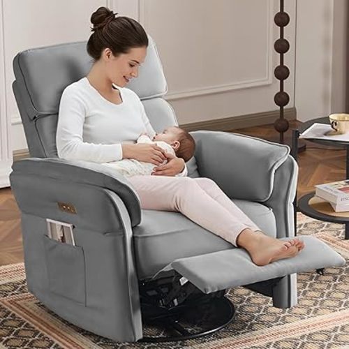 Power Recliner Rocking Chair Nursery Gliders with Adjustable Armrests and Headrest, Swivel Electric Glider Reclining Nursing Chair with USB Port and Storage Bags, FSC Certified (Fabric, Dark Grey)