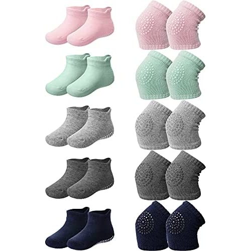 10 Pairs Baby Crawling Anti-Slip Knee Pads and Anti-Slip Baby Socks Set Unisex Toddler Knee Protectors Non Slip Ankle Socks