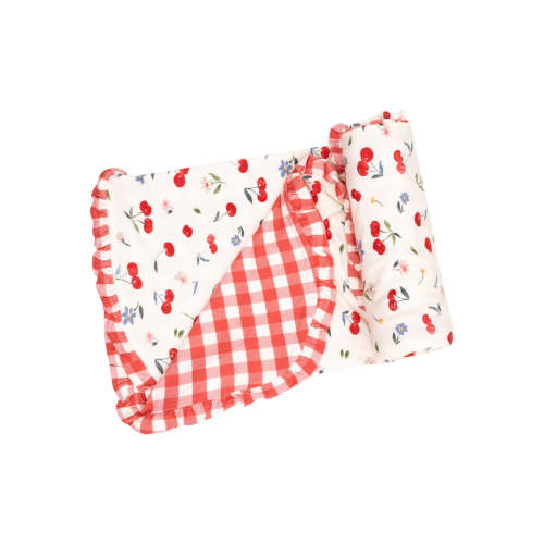 Ruffle Receiving Blanket, Watercolor Cherries + Gingham