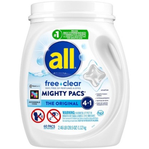 All Unscented Mighty Pacs Free Clear HE Laundry Detergent Pods 60 Pacs - 39.5oz: Dermatologist Tested, Hypoallergenic