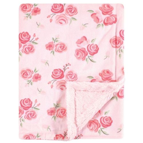 Hudson Baby Infant Girl Plush Blanket with Furry Binding and Back, Blush Rose, One Size