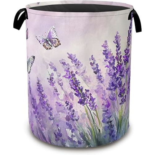 Laundry Hamper,Purple Lavender Laundry Basket,Butterfly Waterproof Oxford Cloth Storage Basket with Handle for Clothes Books Nursery Home Storage Sundries 16"x20"