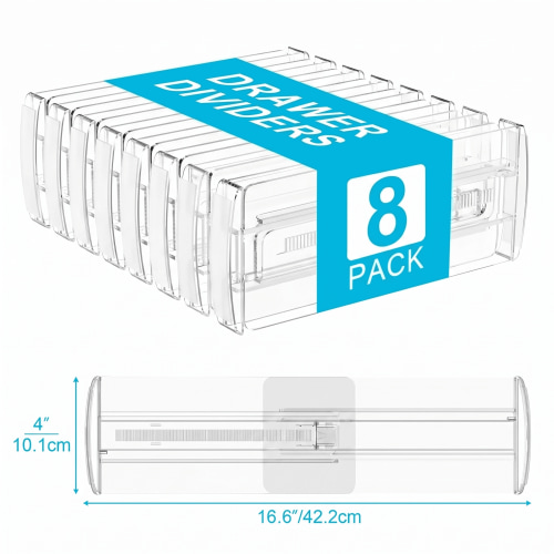 8 Pack Adjustable Drawer Dividers for Clothes, 4" High Expandable from 10.2"-16.6" Clear Bedroom Dresser Drawer Organizer