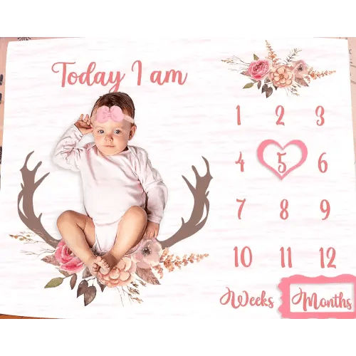 Monthly Milestone Blanket for Baby Girl, Deer Antler Flowers with Words Pink Baby Growth Chart Monthly Blanket | Includes Markers 47"x47" BTLSPH68