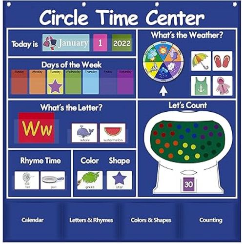 Auchq Circle Time Learning Center Pocket Chart, Heavy-Duty Kids Calendar for Classroom, Educational Pocket Chart Learning Calendar Weather Letter Counting Rhyme Color Shape (Blue)