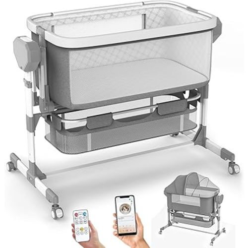 Rocking Bassinet for Baby, Electric Bassinet Automatic 5 Rocking Motion Bassinet Bedside Sleeper for Newborn, Auto Rolling Baby Cradle 6 Height Adjustable with 4 Lullabies, Wheels, Storage