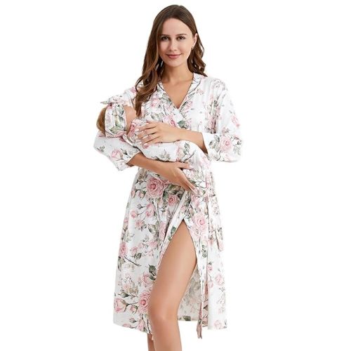Galabloomer Flower Maternity Robe and Baby Receiving Blanket, Matching Mommy Labor Delivery Robe and Swaddle Set