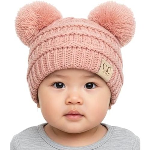 Funky Junque Double Pom Pom Baby Beanie – Newborn Girl Winter Hat 0–12 Months, Cute Cozy Knit Infant Beanies for Cold Weather