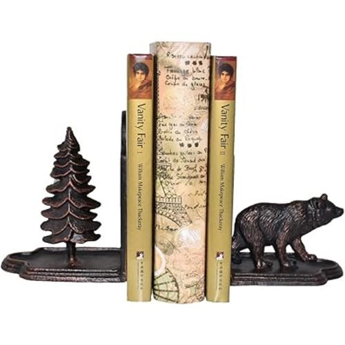 Bear Bookends Decorative, Heavy Duty Cast Iron Bookends for The Shelves, Pine Tree and Bear Statue Book End, Vintage Shelf Decor, Antique Bronze