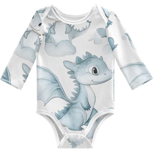 Qilmy Watercolor Cute Baby Dragon Baby Bodysuits with Long Sleeve, Cotton Baby Bodysuits for Boys Girls