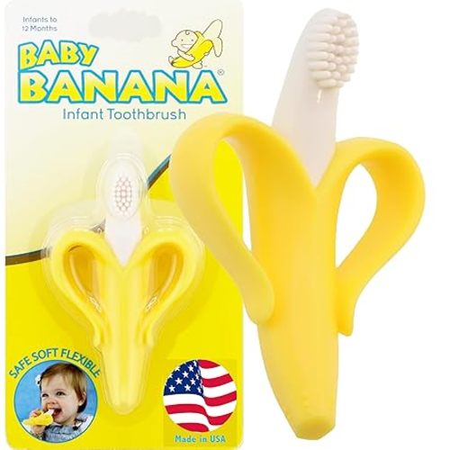 The Original Baby Banana Toothbrush Teether Toy, for Babies Infants Toddlers; USA Family-Owned Business; Teething Relief for Sore Gums, Massaging Soothing; Safest Food Grade Silicone