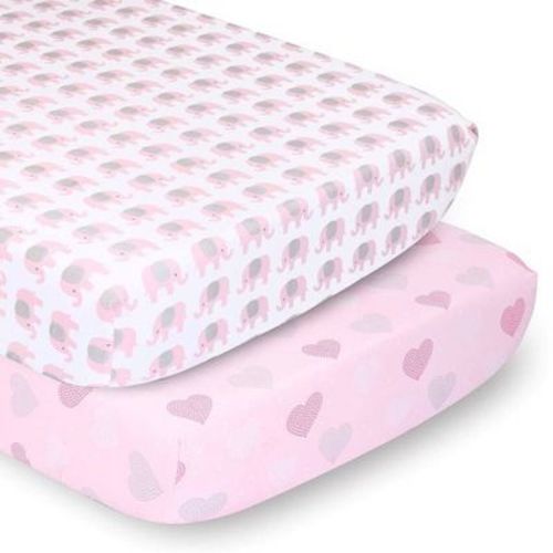 The Peanutshell Fitted Crib Sheets - Elephant And Pink Hearts - 2pk