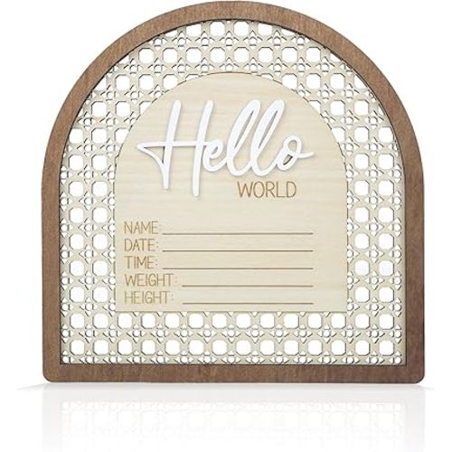 Baby Announcement Sign 6.5 Inch Wooden Hello World Newborn Welcome Sign Birth Baby Name Plaques for Photo Props Baby Shower Hospital Nursery (Rattan)