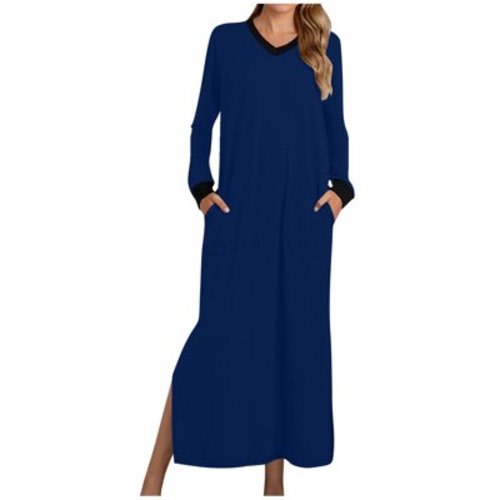Aobny Polyester Breathable Nightgowns for Women Blue V-Neck Long Sleeve Solid Long with Pockets Adults Nightgowns Winter