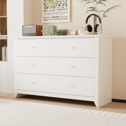 TrumanPick 6 Drawer Double White Dresser for Bedroom Wood Chest of Drawers for Living Room Entryway 47"L x 17"W x 33"H