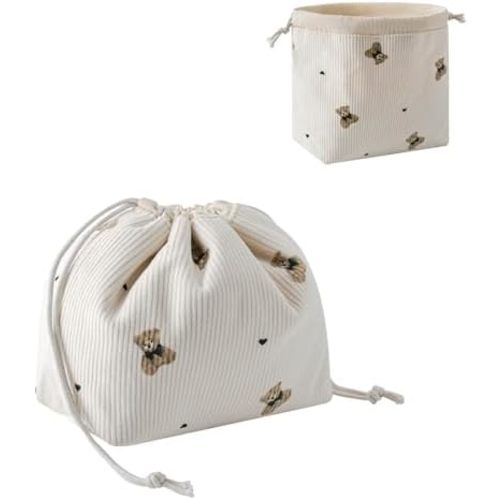 Aesthetic Corduroy Drawstring Makeup Bag, Cute Coquette Drawstring Cosmetic Bag with Canvas Lining, Bear Pattern Travel Makeup Organizer Case for Women Girls (02Beige Bear)