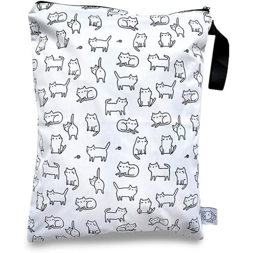 FLOCK THREE Washable and Reusable Wet Bag Diaper Bag Water Resistant Swimming Bag Travel Toiletries Cute Cats Print Zippered 12.6'' x 16.5''