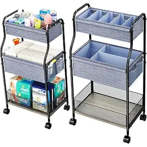 3-Tier Baby Diaper Caddy Organizer and Storage Cart with 4+2 Dividers, Mobile Metal Utility Cart with Rolling Wheels for Nursery Essentials, Large Capacity Rolling Carts for Crib, Bedroom, Bathroom