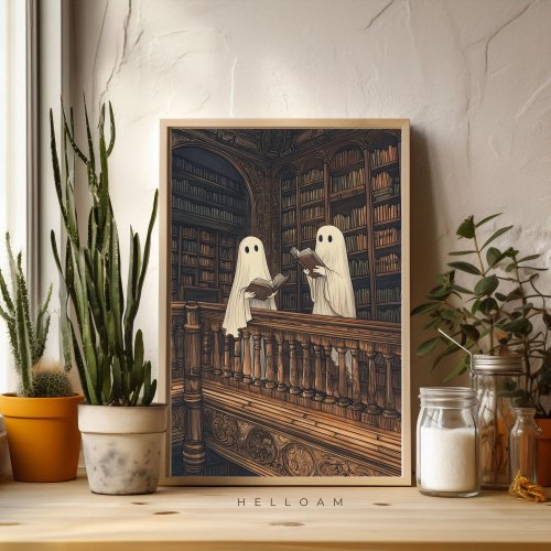 Two cute ghosts in a library print, romantic dark academia, moody cottagecore spooky decor vintage poster, gothic painting, reading ghost