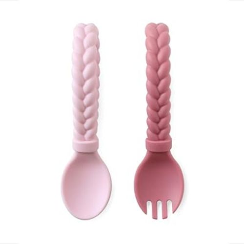 Itzy Ritzy Silicone Spoon & Fork Set; Baby Utensils Featuring a Baby Fork and Spoon with Looped, Braided Handles - Made of 100% Food Grade Silicone & BPA-Free - Ages 6 Months and Up (Pink)