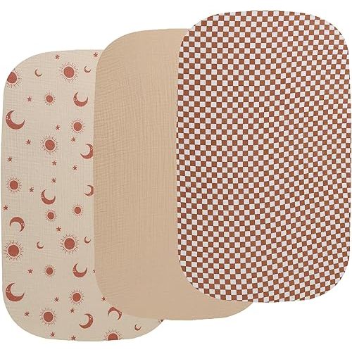 Onacosht Muslin Bassinet Sheets 3 Pack, 100% Cotton Baby Fitted Sheet 33" X 17" for Standard Rectangle Round Oval and Hourglass Bassinet Mattress, Checker and Sun Moon