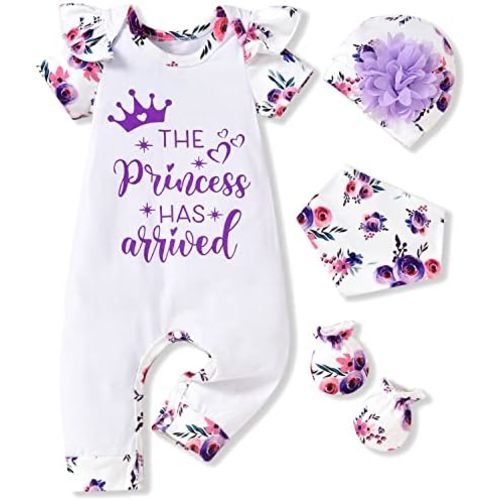 HINTINA Preemie Newborn Baby Girl Letter Print Romper Jumpsuit Gloves Headband Clothes Set