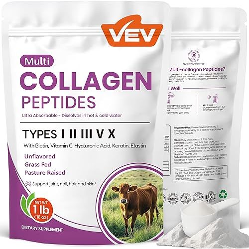 VEV Multi Collagen Peptides Powder, 16 oz (41 Servings) – Type I, II, III, V, X, Hydrolyzed Collagen, Hyaluronic Acid Power, Biotin, Vitamin C, Supports Skin, Unflavored, Dissolves Easily