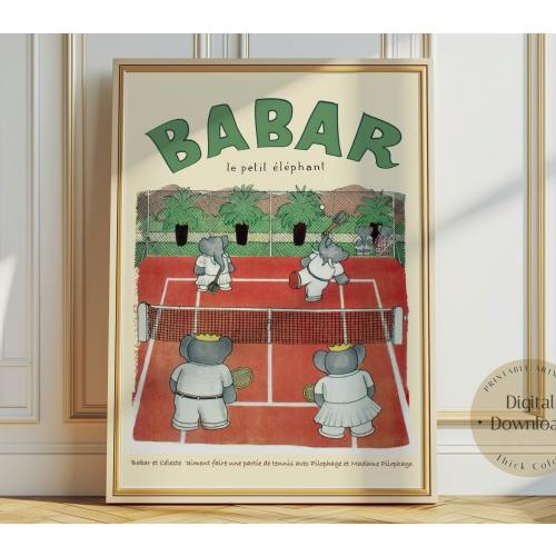 Babar the elephant tennis nursery wall art, no border, unframed, 12x16
