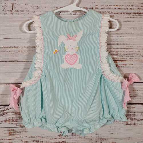 Vintage Baby Jumper / Bunny Heart Overall / Baby Overalls Outfit / Blue Pink  / 6M 6 Months 9M 9 Months