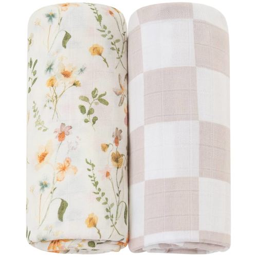 LifeTree Muslin Swaddle Blankets for Baby Girl, 2-Pack 70% Viscose from Bamboo and 30% Cotton Large Swaddle Blankets (47" x 47"), Floral & Dusty Pink Checkered