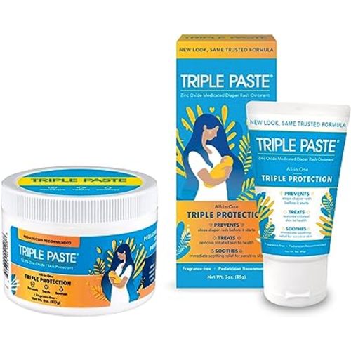 Triple Paste Diaper Rash Cream for Baby - 8 Oz Tub & 3 Oz Tube At Home & On the Go Bundle - Zinc Oxide Ointment Treats, Soothes and Prevents Diaper Rash