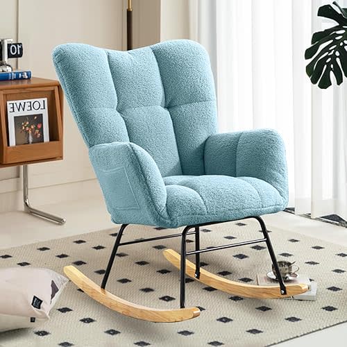 Nursery Rocking Chair Modern Upholstered Teddy Fabric Glider Chair with Padded Seat,Wood Leg,Armchair and Pocket for Living Room Bedroom Balcony Offices,Blue